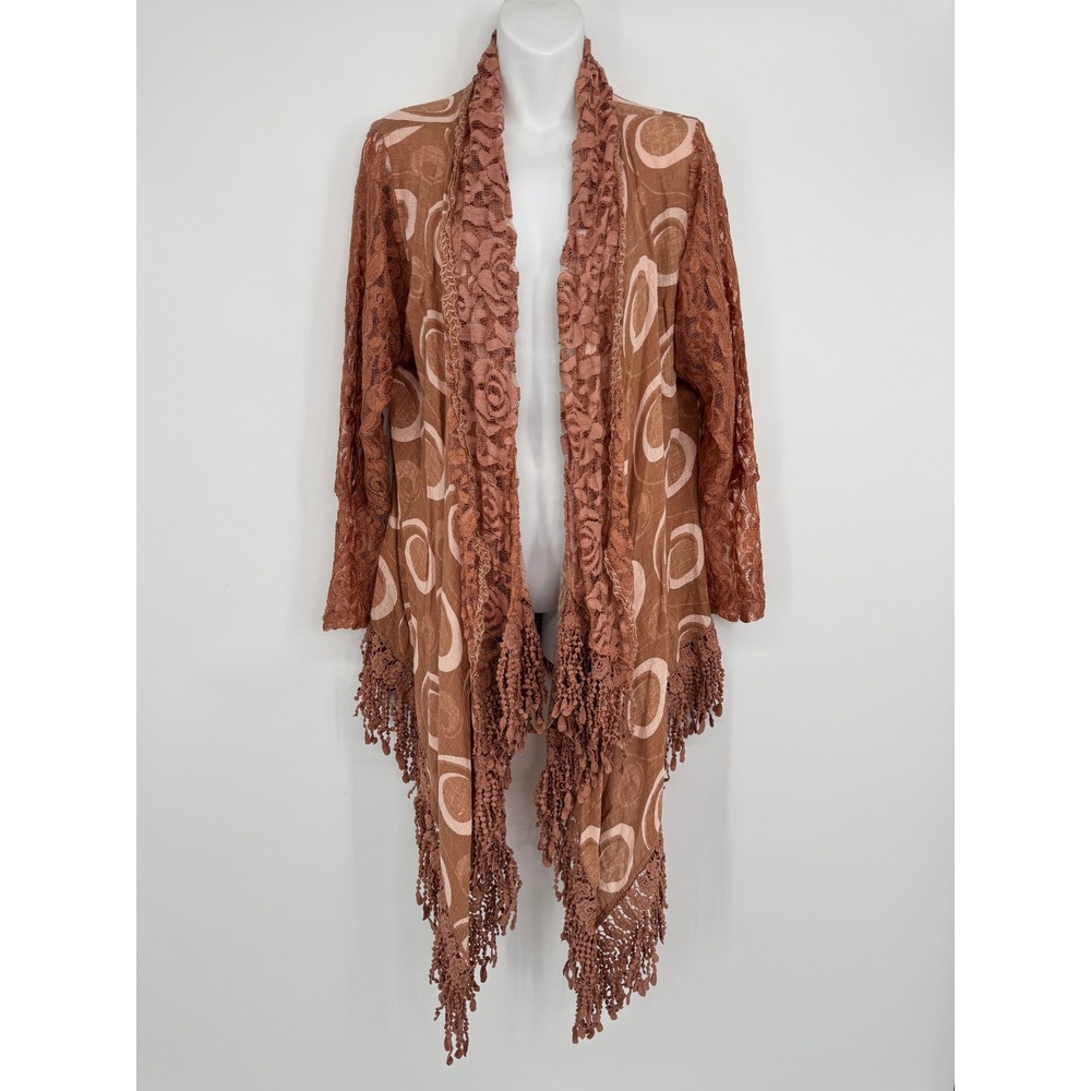 Pretty Angel Cardigan Kimono Jacket S/M Pink Lace Trim Fringe Boho Geometric